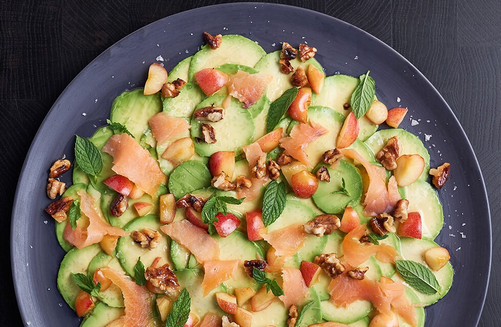 Salmon Carpaccio with Avocado-Walnut Dressing and Microgreens