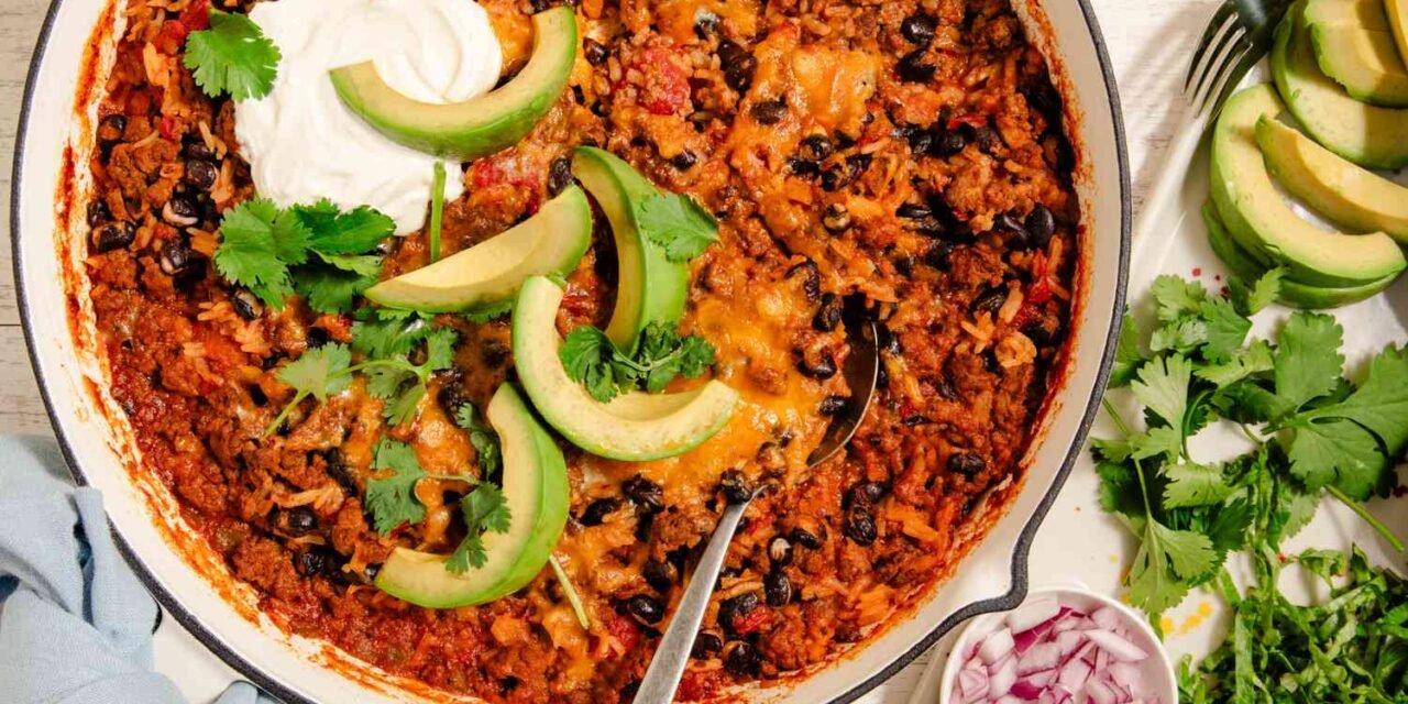 One dish recipe for a homemade baked burrito skillet