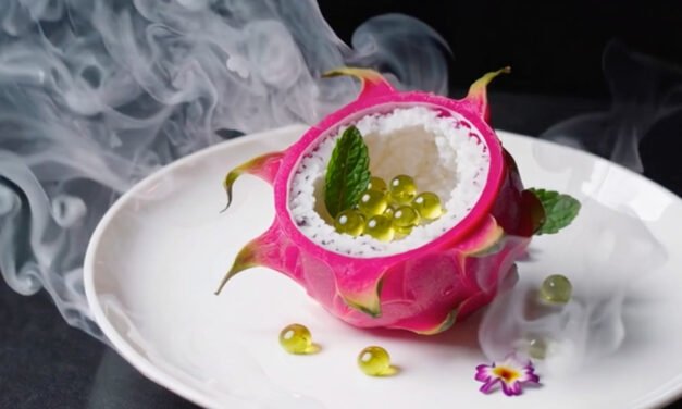 Passionfruit Mist, Passionfruit Caviar, and Dragon Fruit Sphere with Lime Caviar