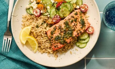 Salmon, melon, and vegetable dish in a tartness salmon grain bowl