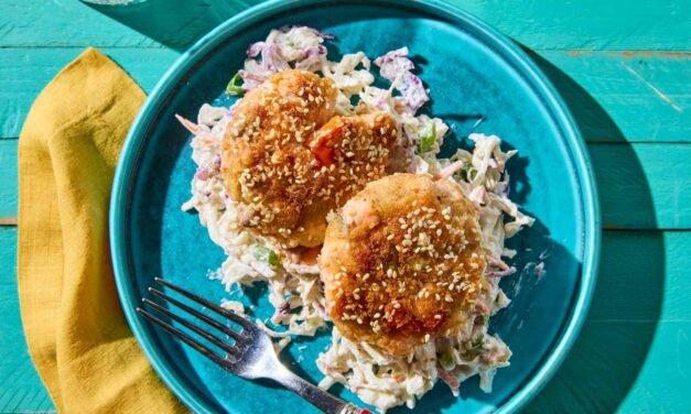 You Really Make a High-Protein Dinner with Salmon Cakes and Tahini Slaw.